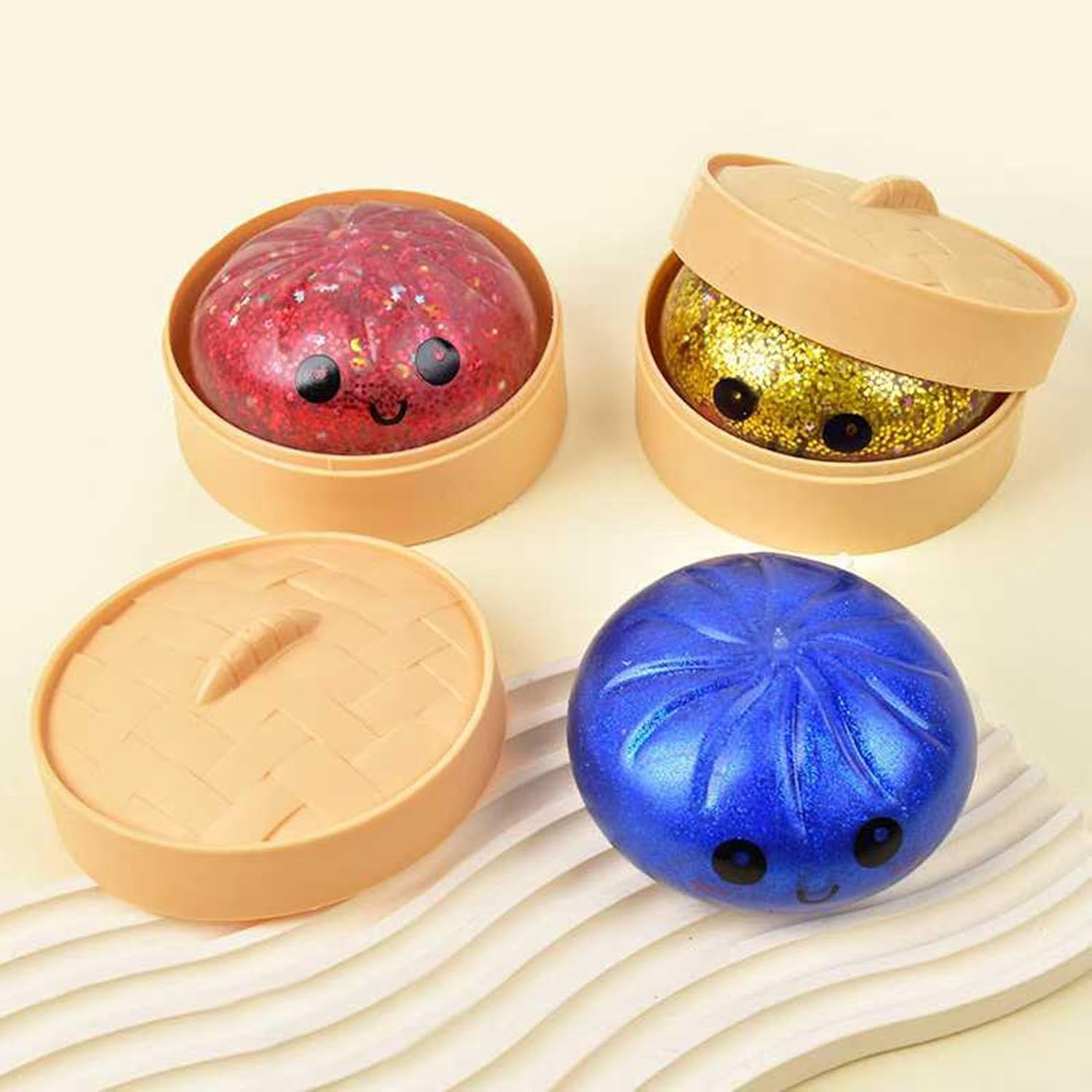 Dumpling Squishy Mystery Box, Glitter Dumpling Squishies Stress Balls with Food Steamer, Mystery Dum pling Squishy Sensory Fidget Toy, Colorful Squishy Dump ling Desk Toy (1 Set)