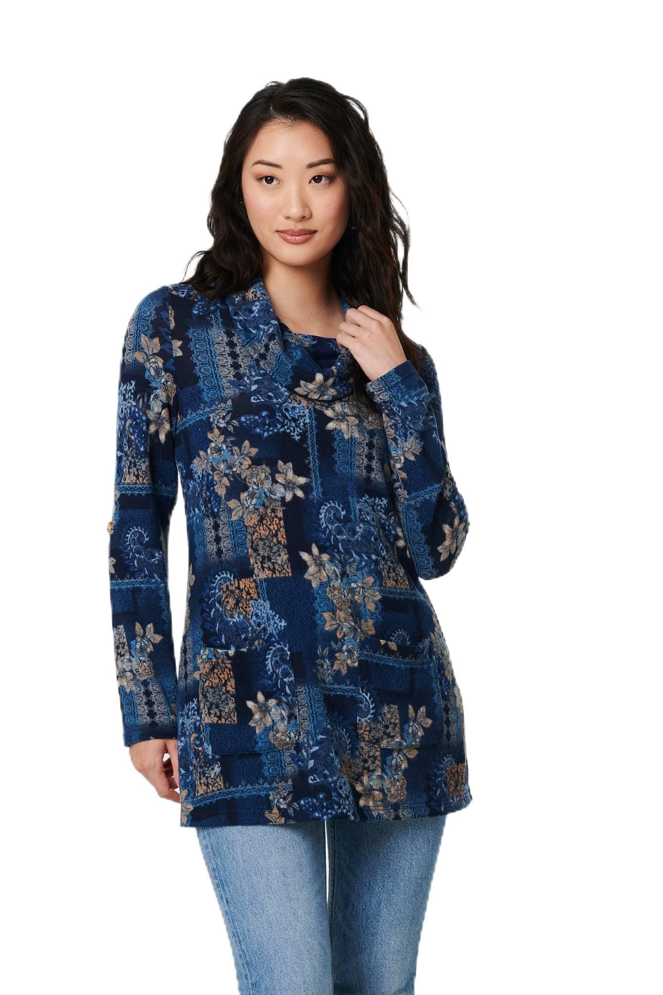 Izabel London Women's Blue Printed Cowl Neck Long Sleeve Tunic Top In | Size: 12