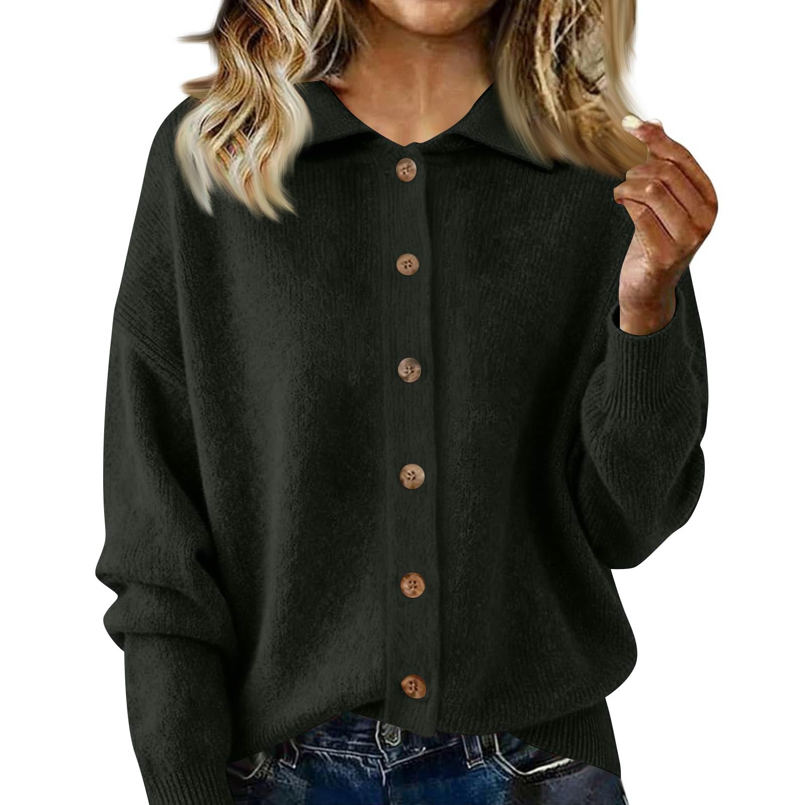 Womens Tops Crew Neck Knit Long Sleeve Sweatshirt Loose Fit Oversized Button Sweater Casual Cardigan Solid Color Shirts