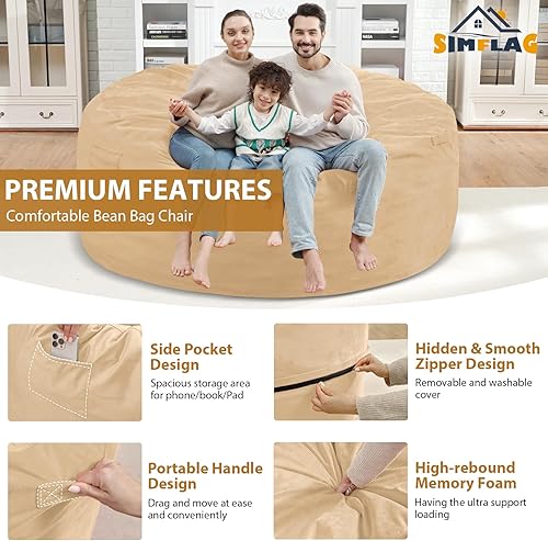 Miniatura 168 de Puf de 5 pies, puf grande con relleno de espuma viscoelástica, sofá puff esponjoso con funda de terciopelo holandés, puf redondo para sala de estar,