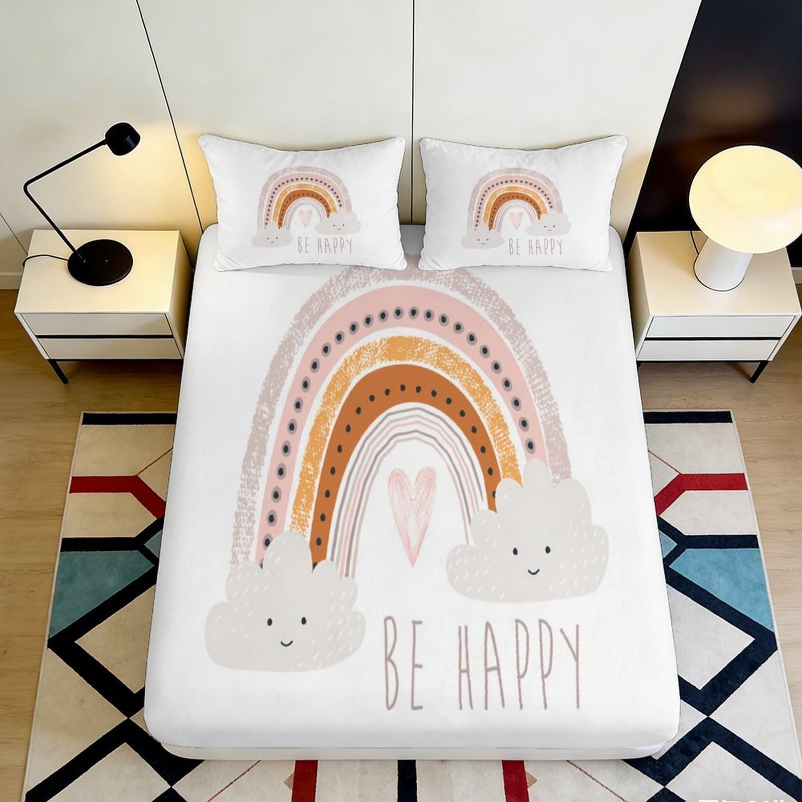 3D Printed Rainbow Cloud Fitted Sheet Microfiber Soft Pastel Heart Bed Cover for Bedroom Dorm Easy Care Decor 90x200x25cm