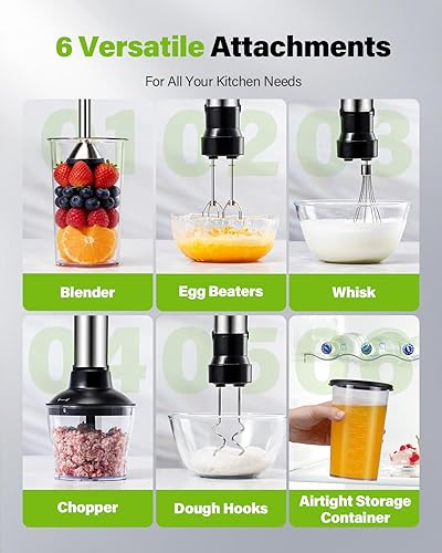 Miniatura 2 de Batidora de inmersión 6 en 1, batidora de mano de 1000 W con 20 velocidades, batidora de palo resistente a los arañazos con batidor, picadora, vaso