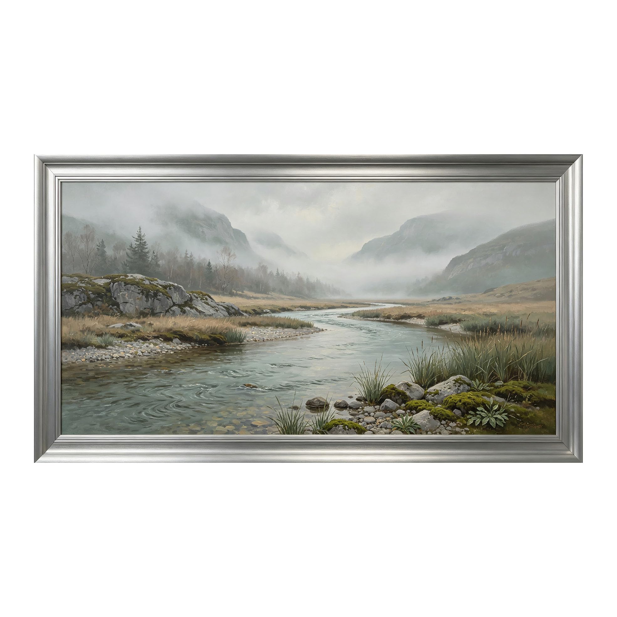 Yzpallescene 3D Framed Wall Art 50cm×100cm Misty Mountain River Landscape Oil Painting Panoramic Large Size SelfAdhesive Removable Wall Decor Prints Artwork for Living Room Bedroom Office