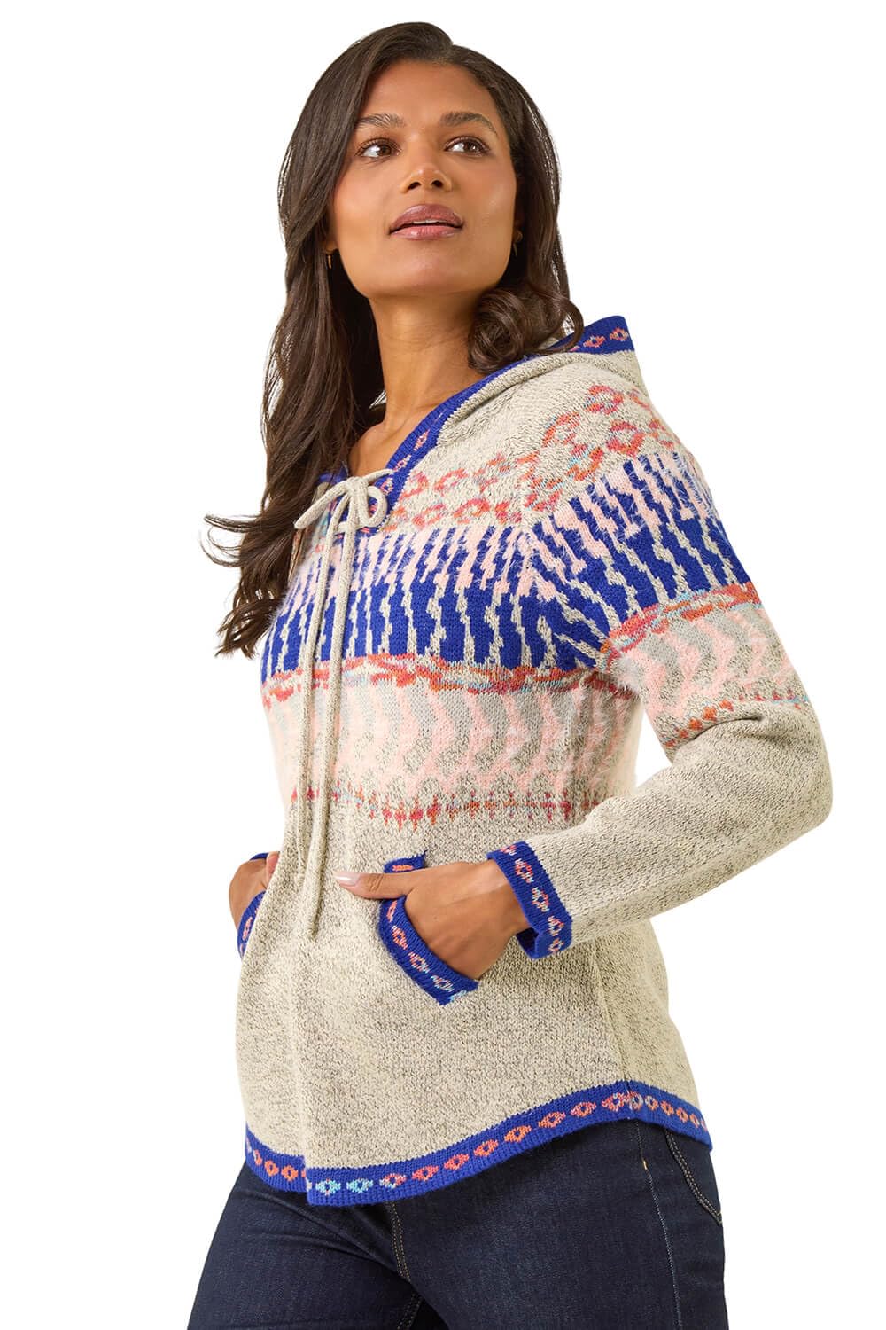Roman Originals Women's Light Grey Nordic Roman Jumper With Hood Winter Knitted Hoodie With Pockets Fairisle Nordic Aztec Print Hooded Sweater Knit Knitwear Autumn Flattering Casual Smart - Size 10