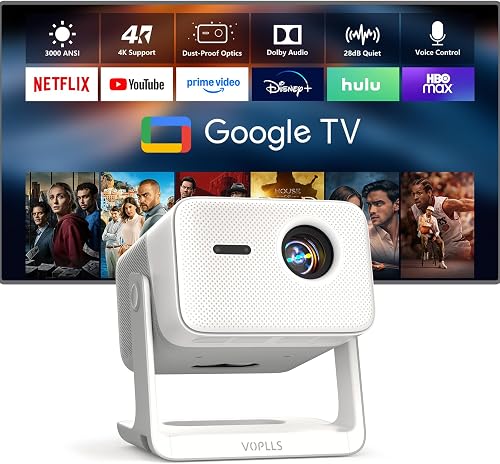【3000 ANSI Official Licensed Google TV】Smart Outdoor 4K Projector with WiFi and Bluetooth, VOPLLS Projectors with Dolby/Auto Focus, Portable Movie Phone Gaming Wireless Wifi Proyector for Bedroom/Home