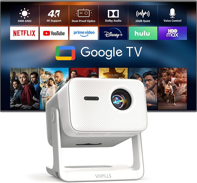 【3000 ANSI con licencia oficial de Google TV】Proyector inteligente 4K para exteriores con WiFi y Bluetooth, proyectores VOPLLS ​​con Dolby/enfoque automático, proyector inalámbrico WiFi portátil para juegos de teléfono de películas para dormitorio/hogar