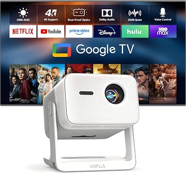 3000 ANSI Official Licensed Google TVSmart 4K Projector with WiFi and Bluetooth, VOPLLS Outdoor Projectors with Dolby/Auto Focus, Portable Movie Phone Wireless Gaming Wifi Proyector for Bedroom/Home
