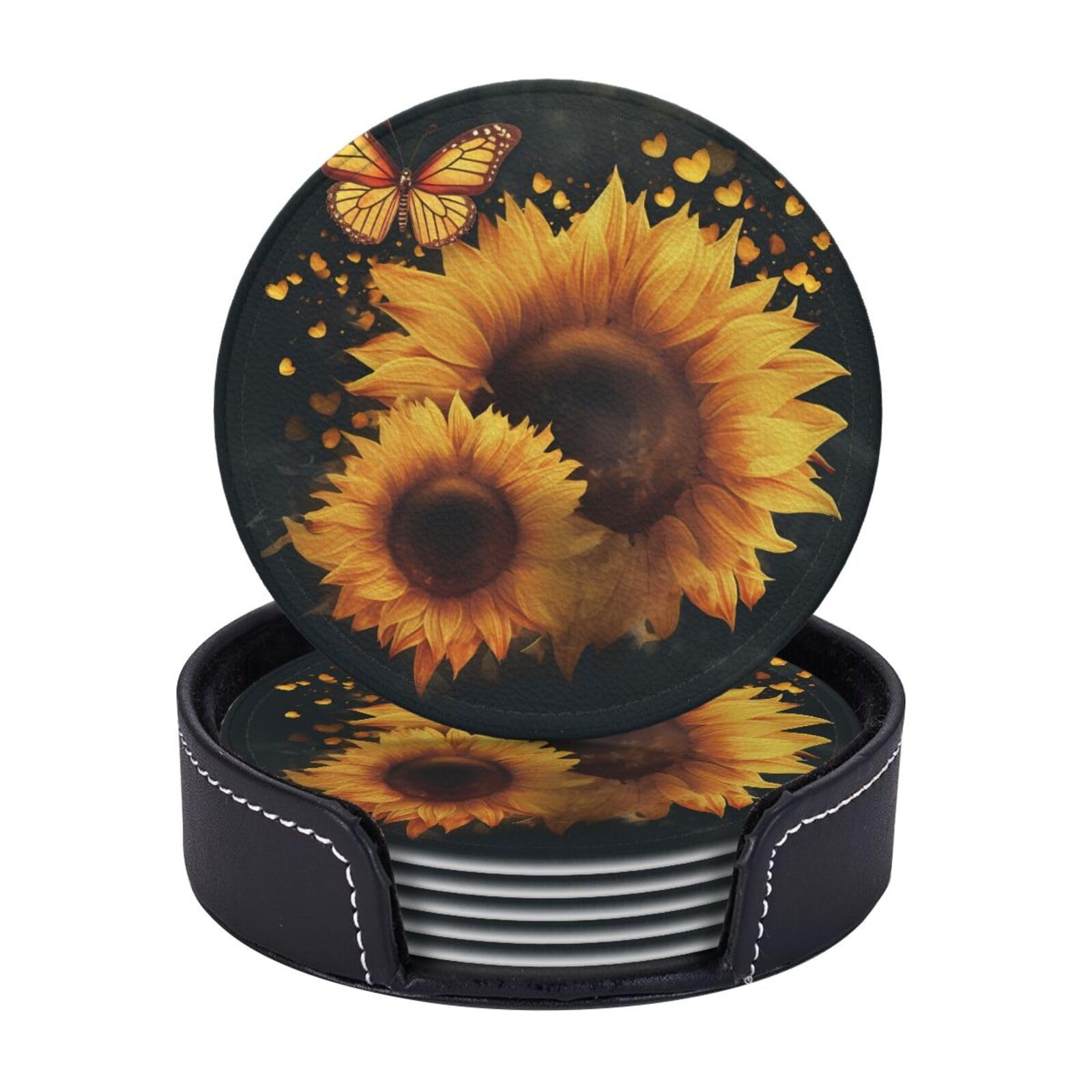 Coasters Set of 6 Microfiber PU leather Coasters with Holders for Drinks Coffee Bar Accessories, House Apartment Coffee Table Decor, Housewarming Gifts - Butterflies and Sunflowers