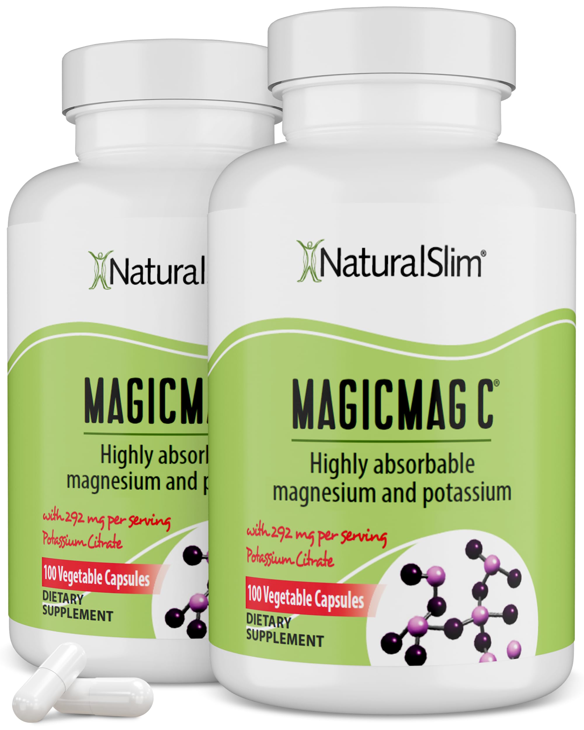 NaturalSlim Anti Stress Magnesium Capsules - Pure Magnesium Citrate Plus Potassium - Natural Aid to a Slow Metabolism, Muscle Relaxation & Sleeping Difficulties - 500 mg - 100 Count (2 Pack)