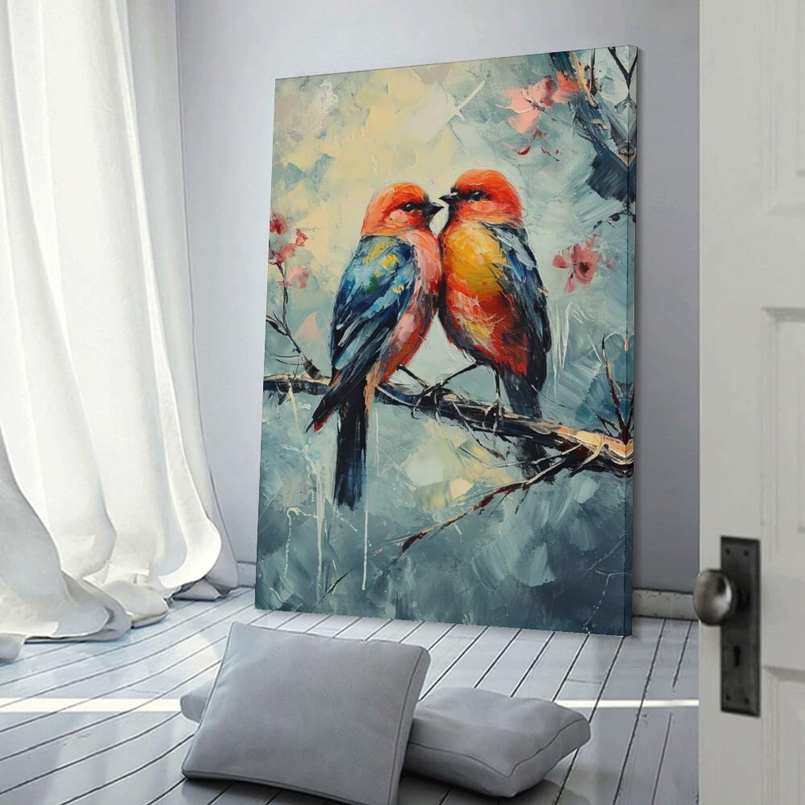 Junmoney Frame-Style-13 Canvas Art Print Two Birds On A Branch Painting, 20X30inch(50X75cm), For Contemporary Homes, Apartments Or Offices, Decorative Canvas Decor For Home Updates