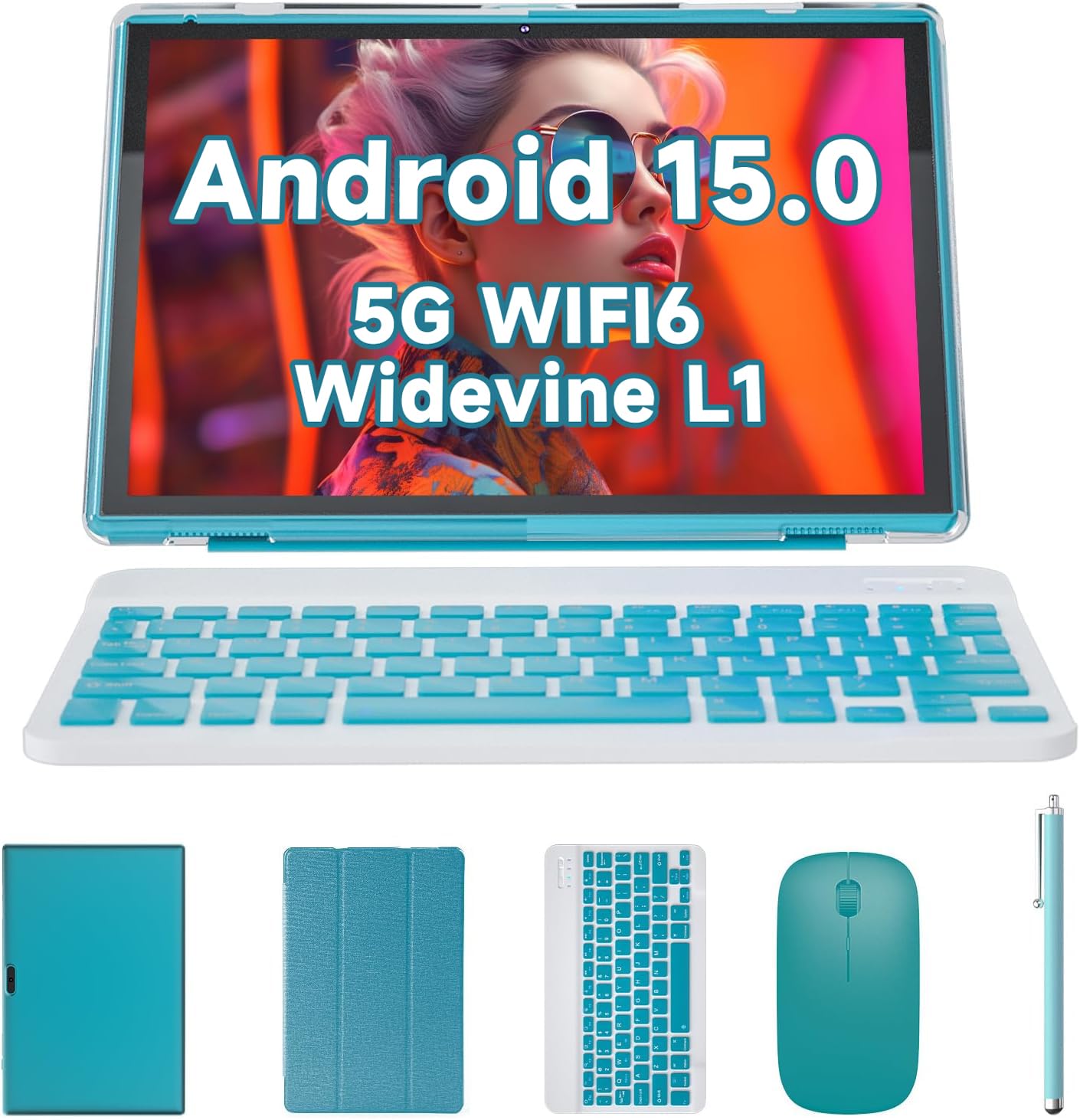 Tablet 2 in 1 Android 15 Tablet with Keyboard 10 inch Tabletas, Include Mouse Stylus Pen Case, 6000mAh 8GB+32GB ROM 1TB Expandable Tableta, 2MP+8MP Dual Camera, WiFi-6 BT Tablets PC.