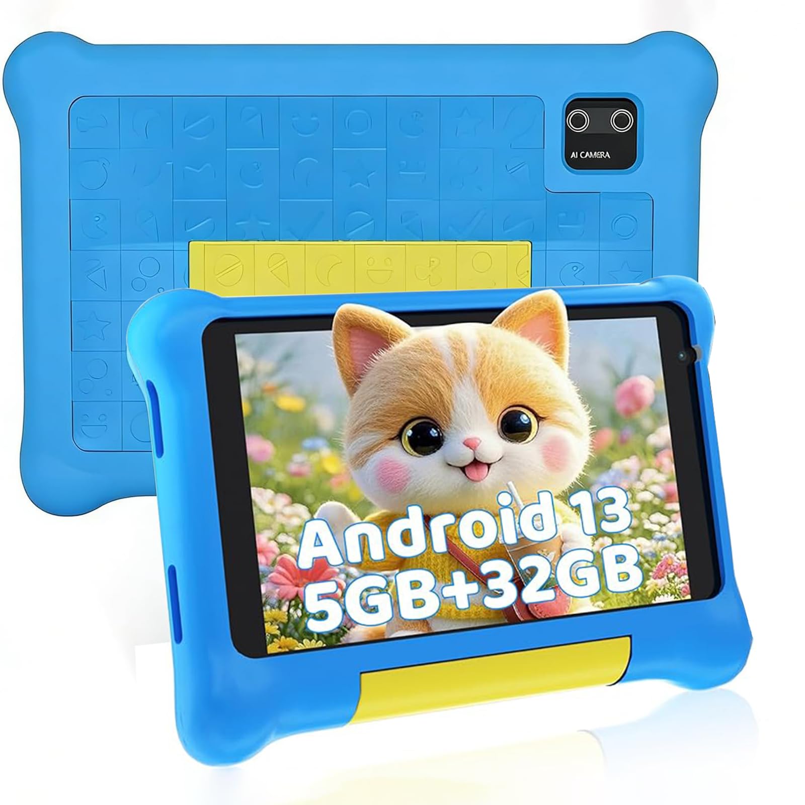 Tablette Enfants 7 Pouces Android Tablette Éducative pour Enfant avec Écran HD 5 Go RAM + 32 Go ROM (TF 128 Go) Contrôle Parental WiFi, Bluetooth Cadeau Fille Garçon avec Étui Antichoc (Bleu)