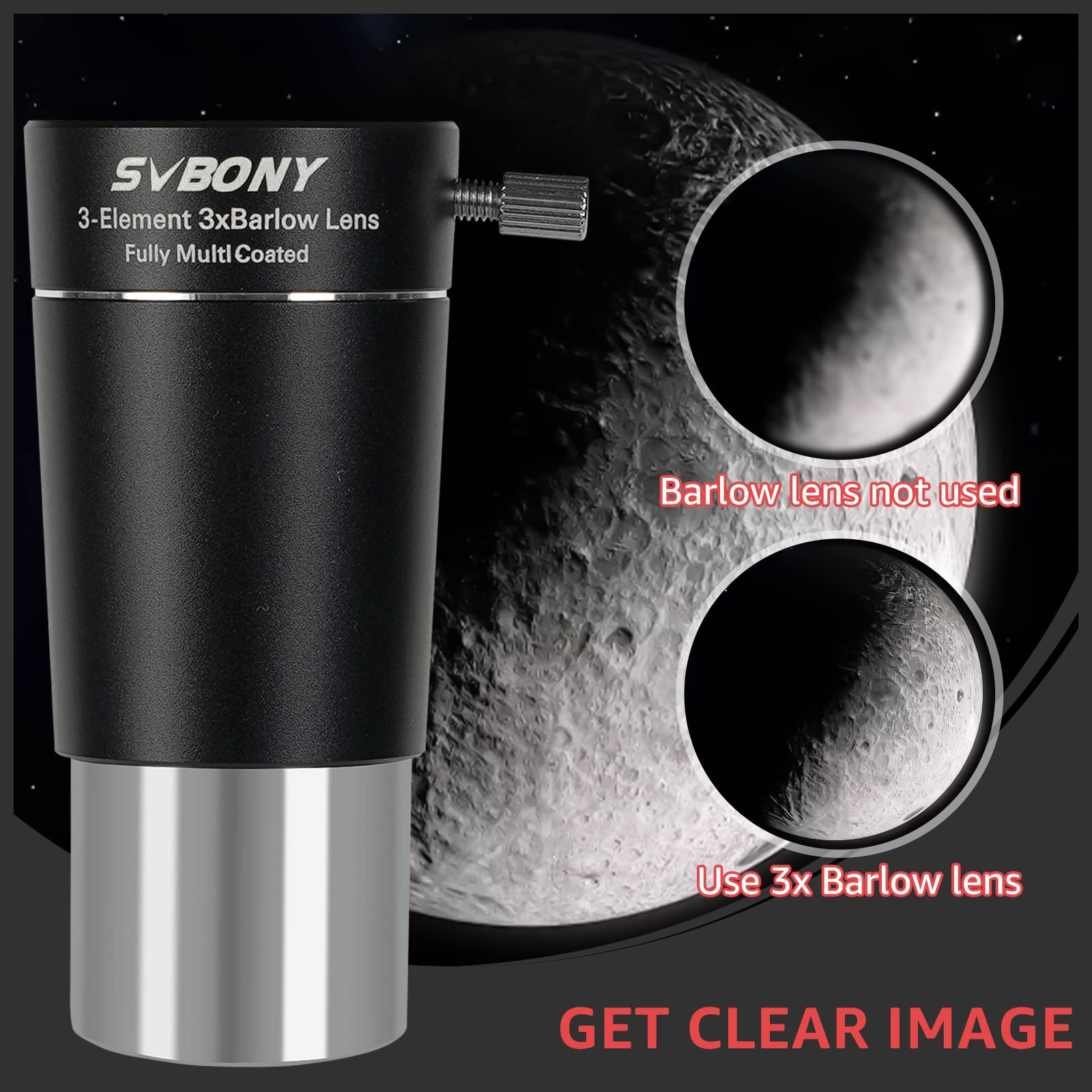 Svbony SV213 Barlowlinse 3X, 1,25 Zoll Barlow 3-Elemente FMC Metallteleskop Zubehör für Planetenfotografie und Beobachtung