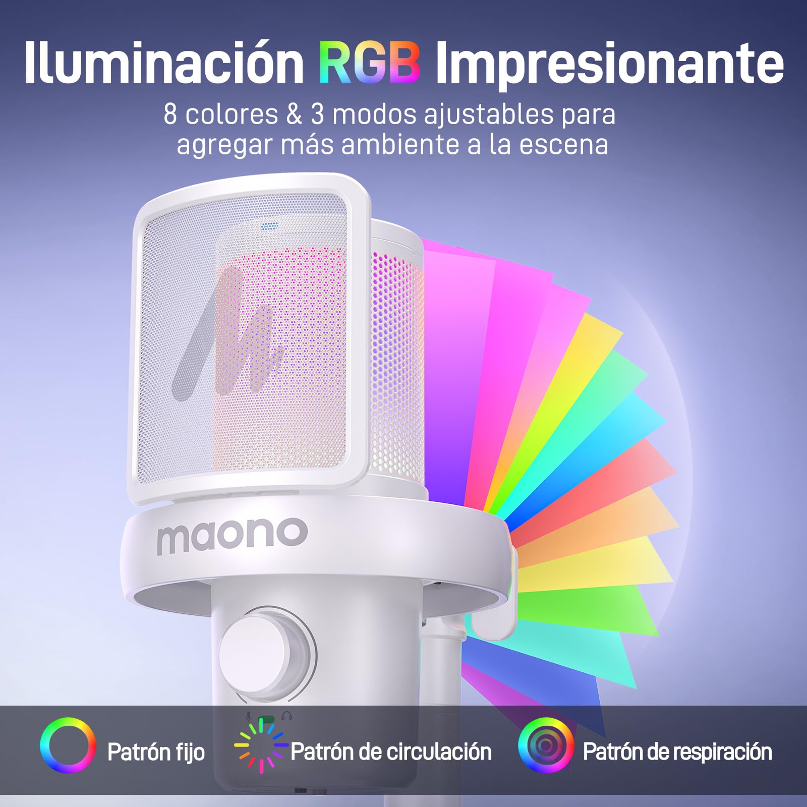 MAONO Microfono Inalambrico para PC, Microfono PC con Software de Cambiador de Voz con IA, Cancelación de Ruido, EQ Personalizado, Luces RGB Ajustables para Juegos, Podcasting, Streaming, DM40 Blanco