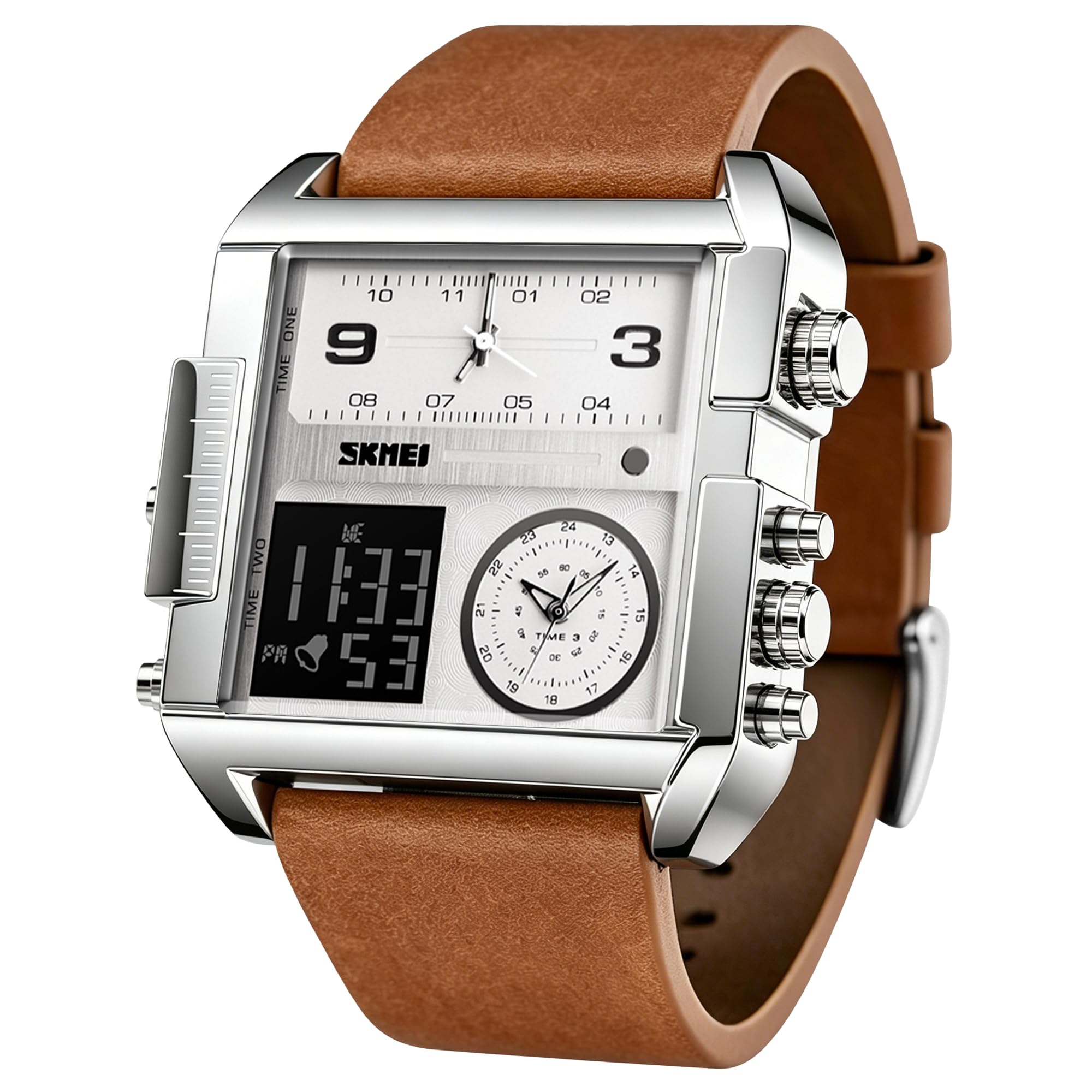 SKMEI Reloj deportivo digital para hombre, LED, cuadrado, esfera grande, analógico, de cuarzo, con cronómetro impermeable multizona horaria, Marrón plateado, Digital