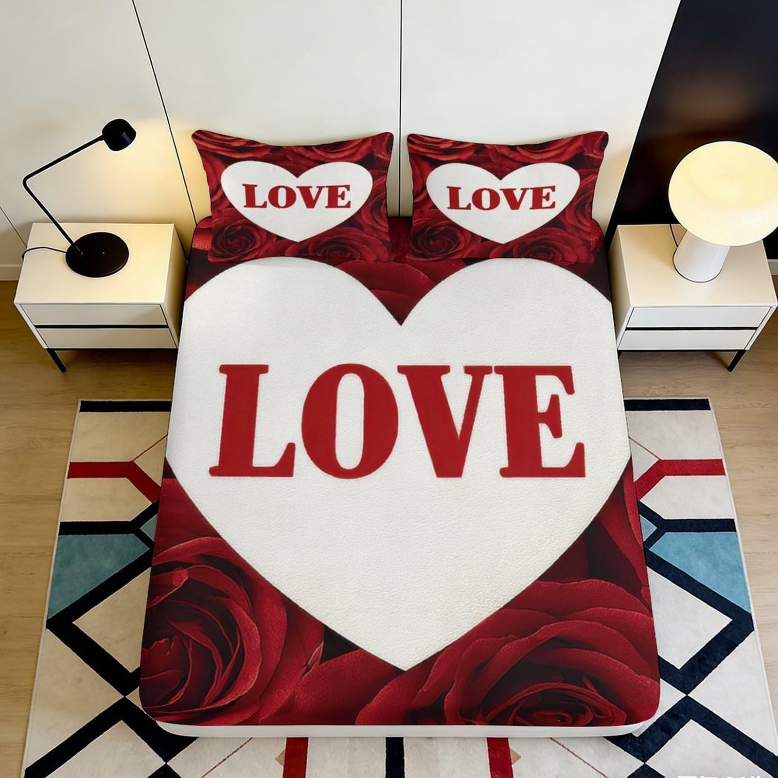 Jqzkxnhpbr Style-5 3D Printed Red Rose Heart Fitted Sheet Microfiber Soft Breathable Love Letter Bed Cover For Bedroom Decor 90X200x25cm