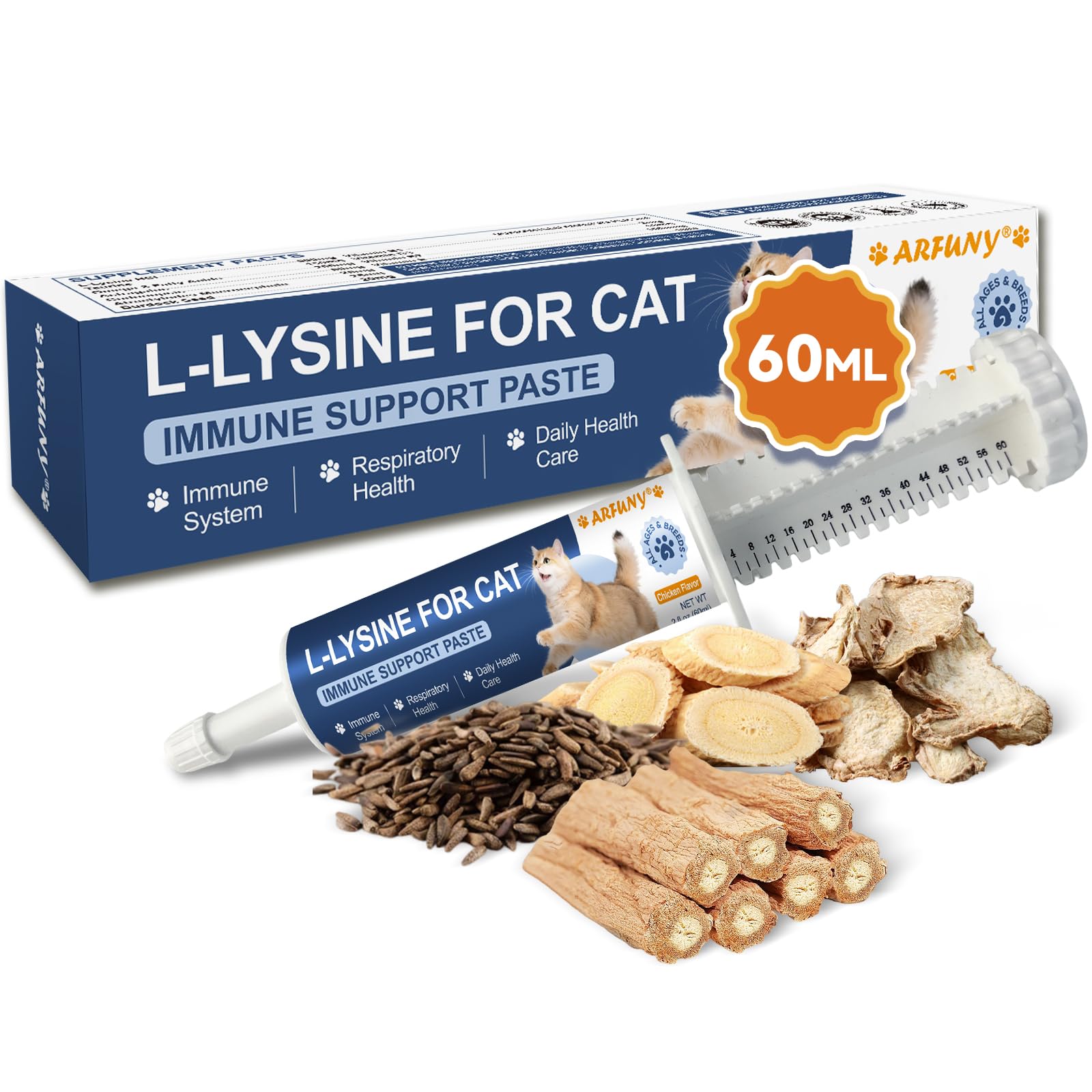 Lysine for Cats - L-Lysine Paste for Cats - for Immune System, Respiratory, Sneezing, Runny Nose, Eye Function - with Taurine, Omega 3, Vitamins - 60ML Chicken Flavor Paste