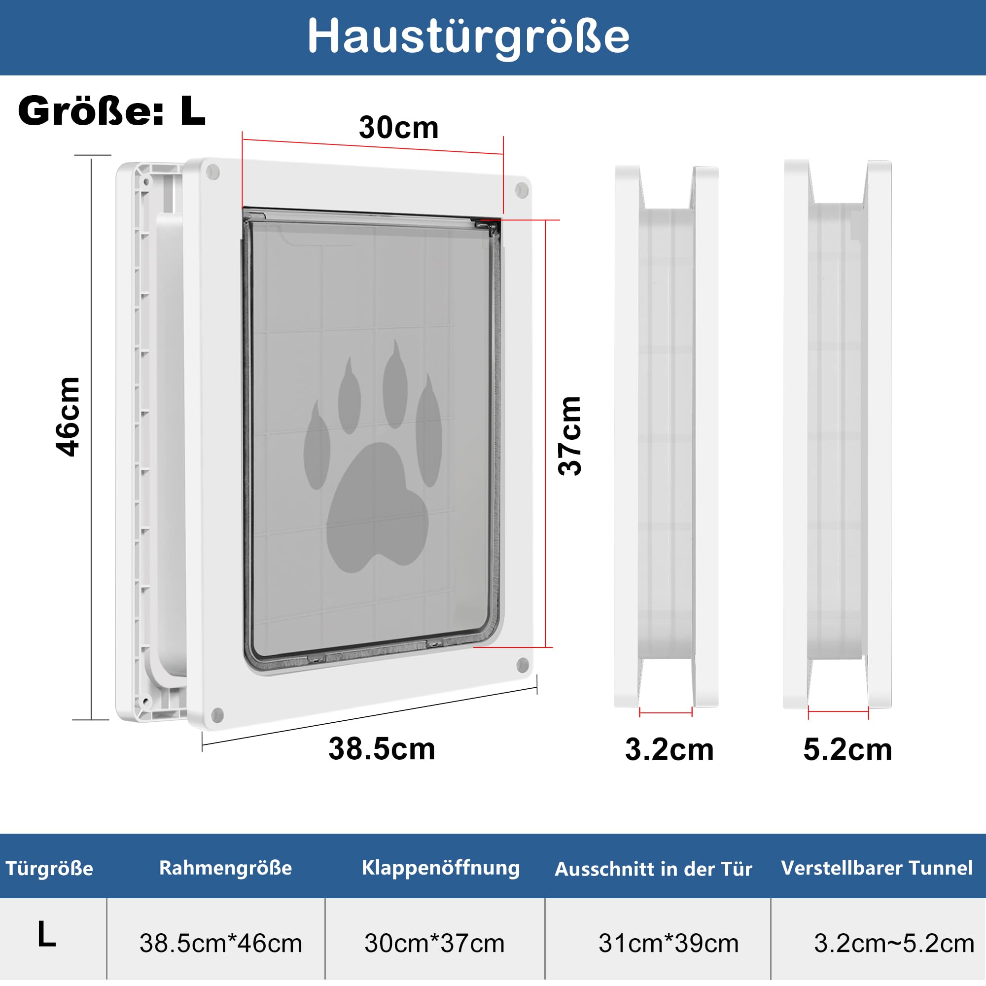 CEESC Große Hundeklappe für Haustiere bis 45 kg, wetterfeste Tierklappe für Katzen und Hunde, langlebig, inklusive Einrast-Verschlussplatte, geeignet für Innen- und Außentüren (Groß, Weiß)