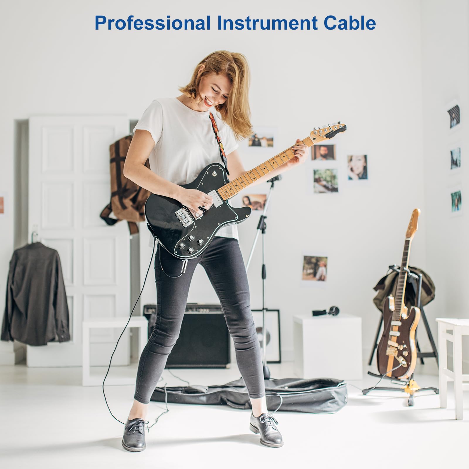 Aqdocvf Kabel do gitary 3 m, przewód AMP do gitary basowej i elektrycznej/klawiatury/mandoliny, profesjonalny kabel instrumentu audio (kąt prosty do prostego, czarny)