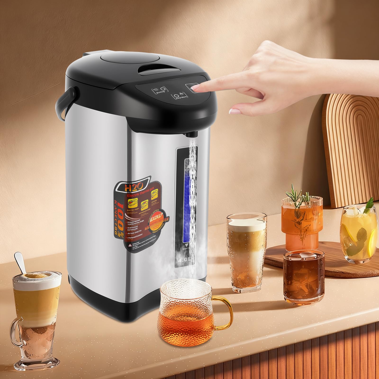 Elektrische Thermokanne 4 Liter Wasserspender Heißwasserspender Wasserkocher Teekanne 750 W Edelstahl Wasserkocher Thermoskanne Heisswasserspender (Schwarz)