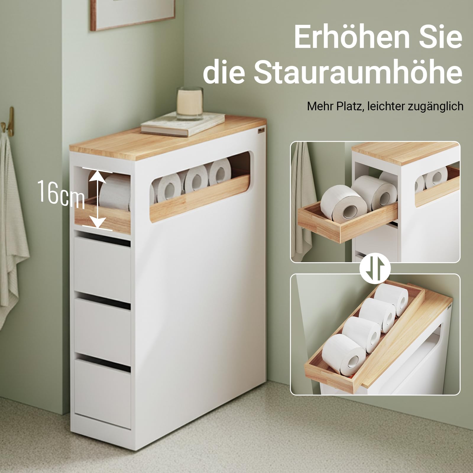 SoBuy Badezimmerschrank Schmal Badschrank mit 3 Schubladen Nischenschrank Holz für kleine Bäder WC & Küche Toilettenschrank Beistellschrank, Weiß 65x23x82cm BZR54-II-W