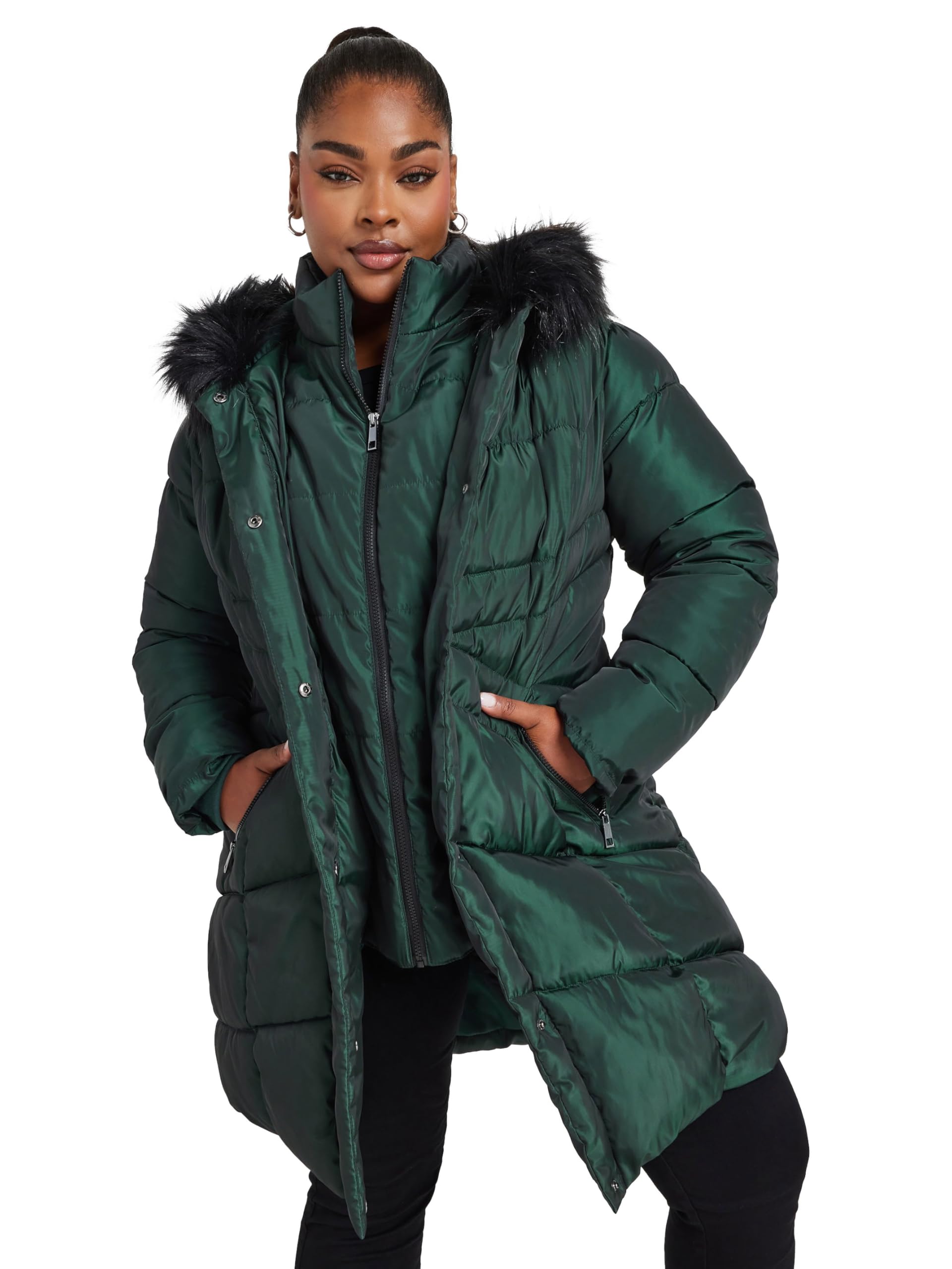 Yours Curve Forest Faux Fur Trim Puffer Coat - Women's - Plus Size Curve