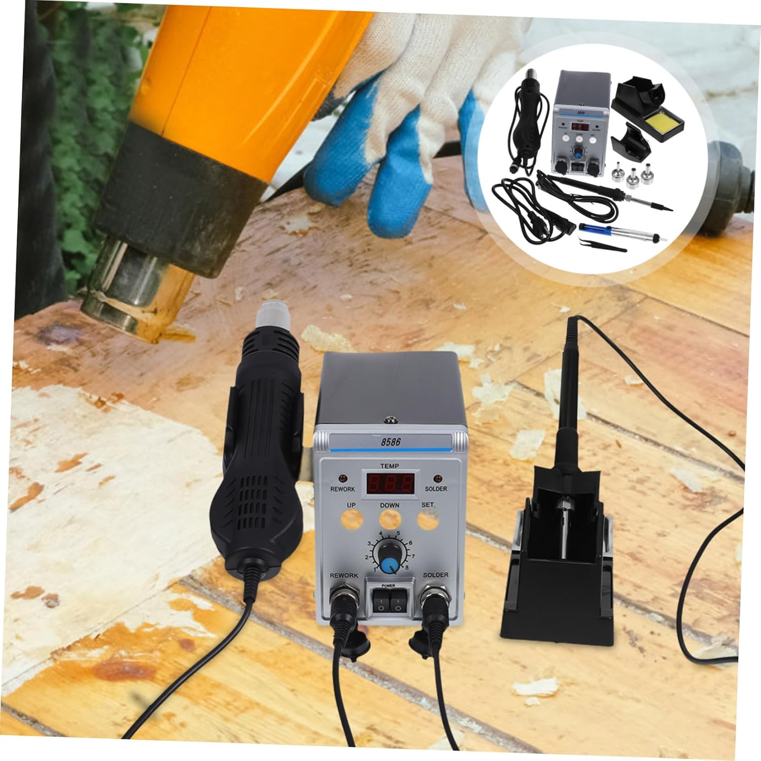 1set Hot Air Rework Soldering Station Digital Display Temperature Control Includes Soldering Bent Tip Tweezers and Solder for Efficient Repairs