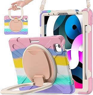 SCSVPN iPad Air 5th/4th Generation Case Kids 2022/2020, iPad Pro 11 Case 4th 3rd 2nd 1st Generation, Rugged Cover for iPad Air 10.9 w/Rotate Stand/Hand Grip/Shoulder Strap/Pencil Holder, Rainbow Pink