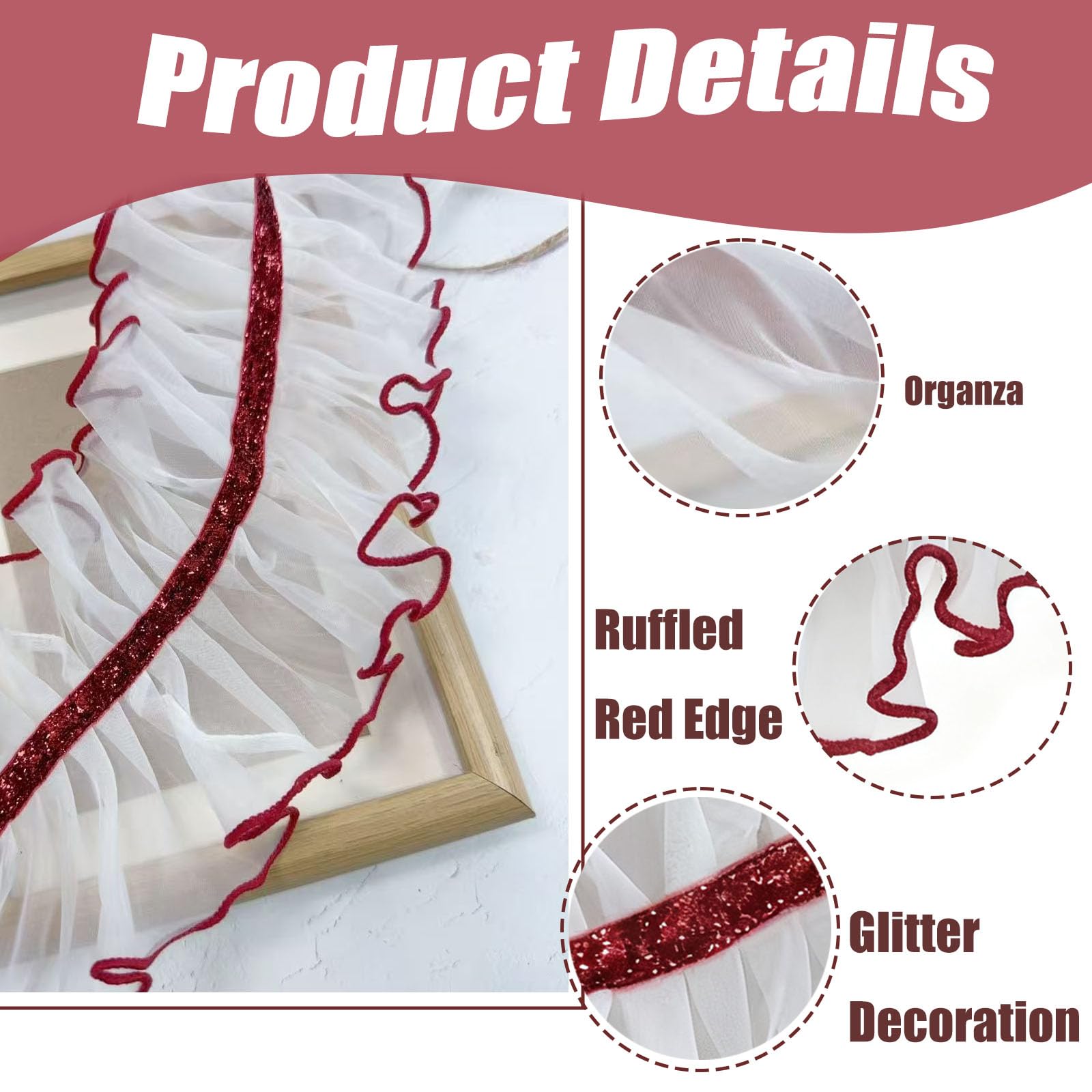 5 Yards 10cm Spitzenband Gerafftes Rüschen, Organza Rüschen Plissee Borte, Spitzenborte Weiß Zum Nähe, Mit Rot Ränder, Glitzer, Spitzenbesatz, für DIY Kleidung Hochzeit Scrapbooking