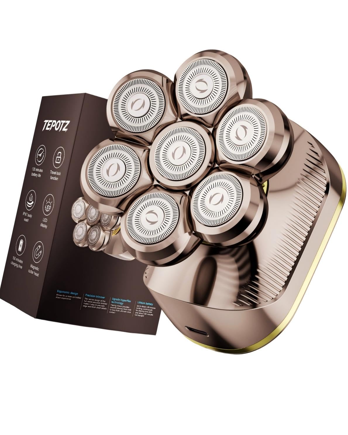 Photo 1 of TEPOTZ 7D Head Shavers for Bald Men| Head & Face, IPX7 Waterproof Grey-Gold