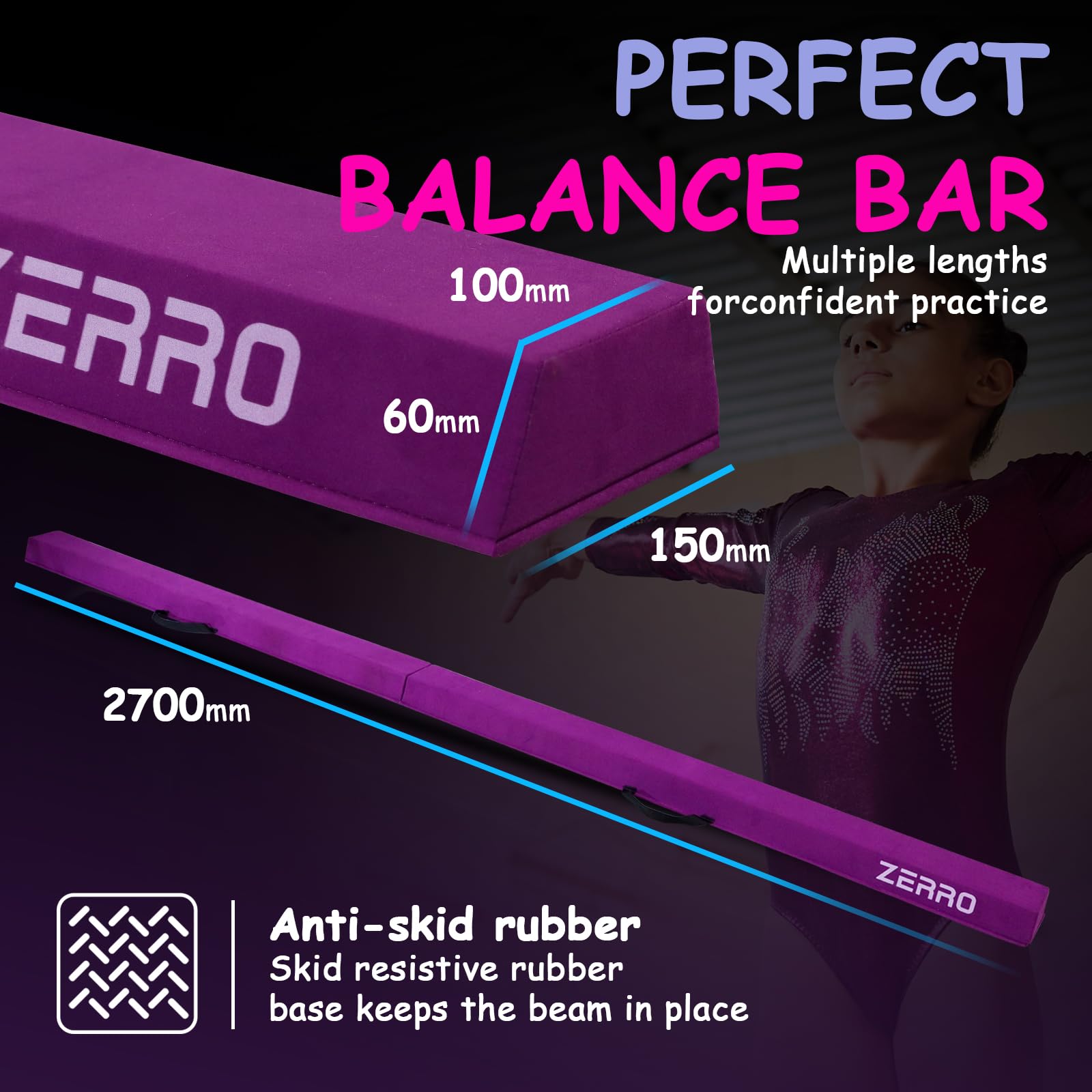 ZERRO Trave Ginnastica Artistica per Casa Pieghevole, 240cm / 270cm Bambini Allenamento, Verde, Viola