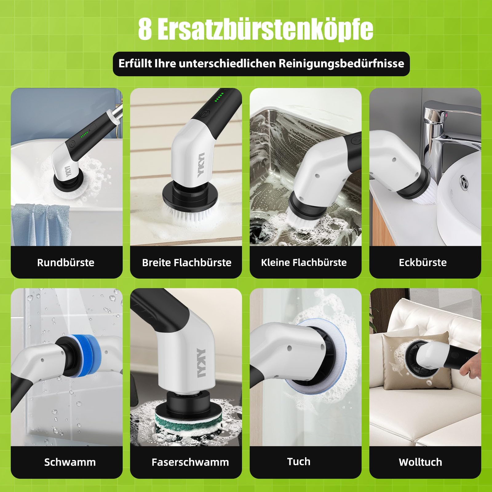 YKYI Elektrischer Reinigungsbürste,Spin Scrubber mit 8 Austauschbaren Bürstenköpfen,IPX7 wasserdichter,Schrubber für Badezimmer,Boden,Küche