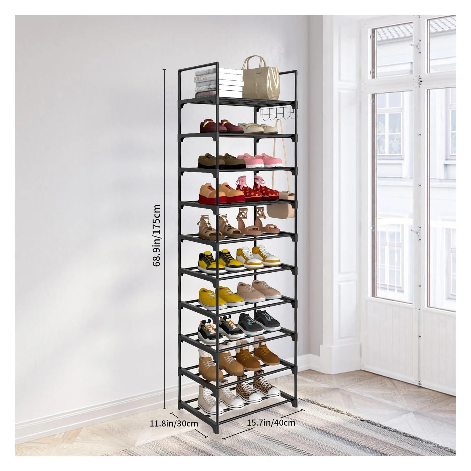 10-Tier Narrow Shoe Rack Hooks 40x30x175cm Hallway Entryway