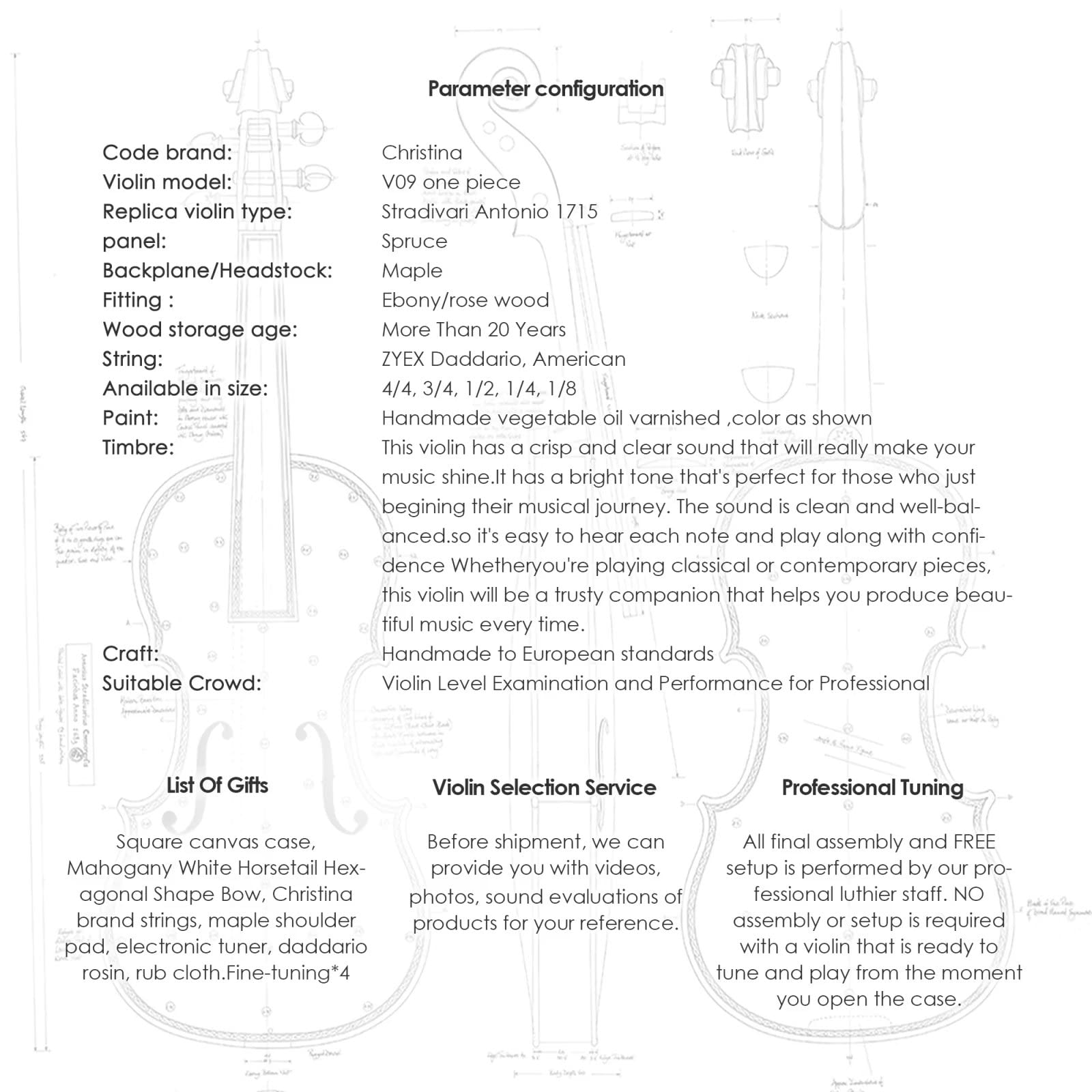 Amazon.com: CHRISTINA V09 S-1 Violin Instrument Adult Full Size