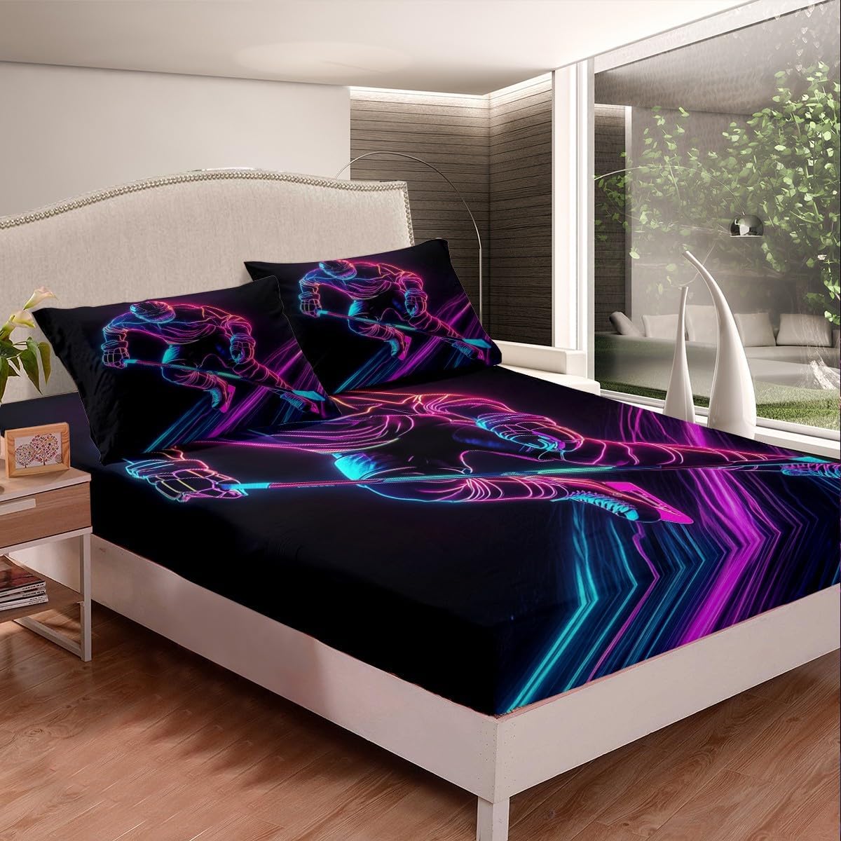 Ice Hockey Fitted Sheet Full 3 Pcs,Puck Hockey Player Bedding Set for Kids Boys Teens Men,Pink Blue Lightening Bed Sheet (No Top Sheet),Winter Sports Game Deep Pocket Sheett,2 Pillowcases