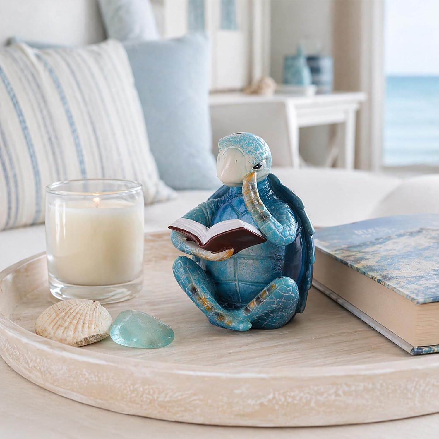 Sea Turtle Figurine – Meditation Reading Turtles Statue in Teal Resin for Ocean Coastal Beach Room Decor, Gift for Women, Men, Turtle Lovers – Office, Bedroom, Bathroom Accessories