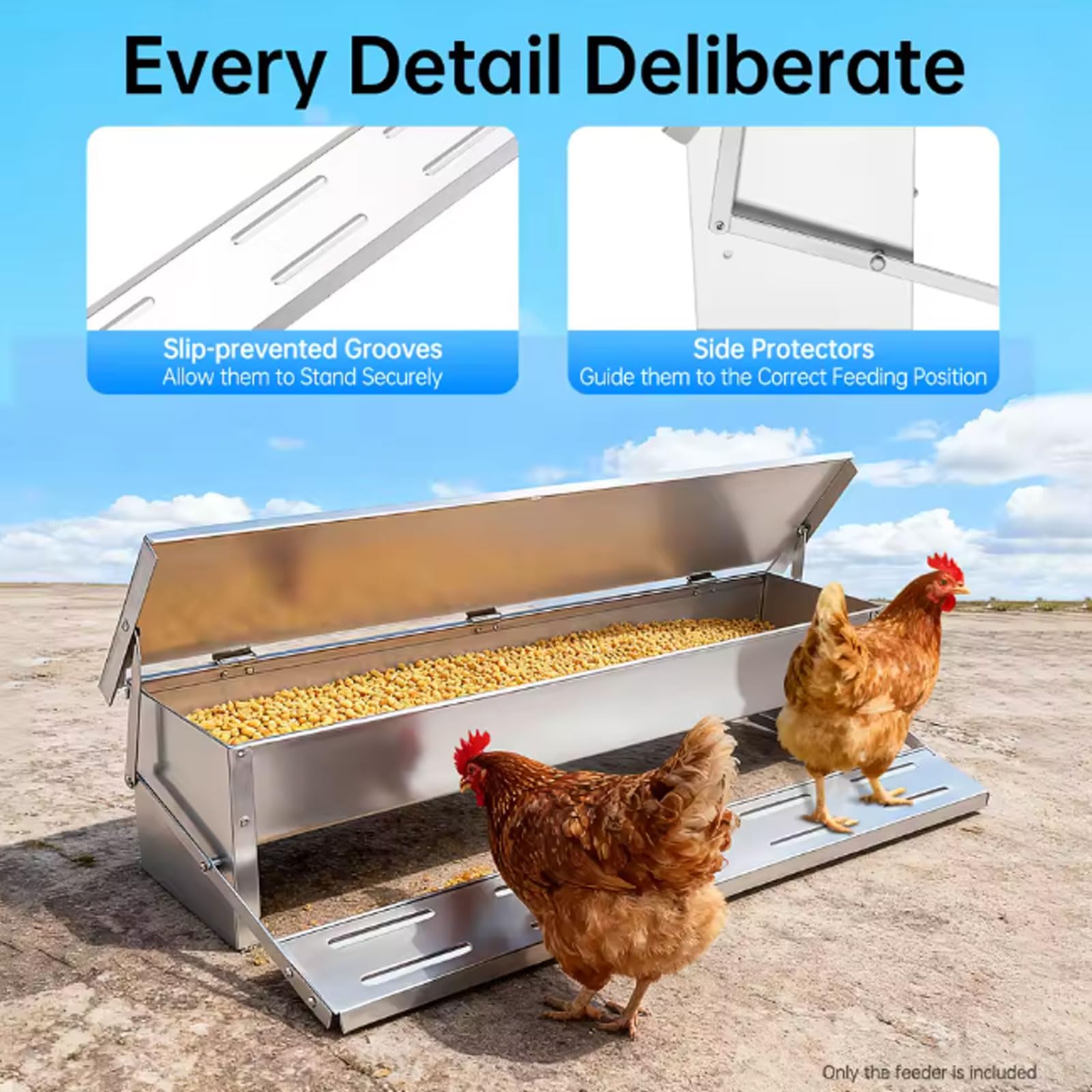 Comedero Automático para Pollos de Acero Galvanizado con Pedal Automático y Manta Resistente al Agua Comedero Gallinas Exterior Anti Desperdicio para Patos, Gallinas Enanas y F(Size:Large - 82.5x18cm)