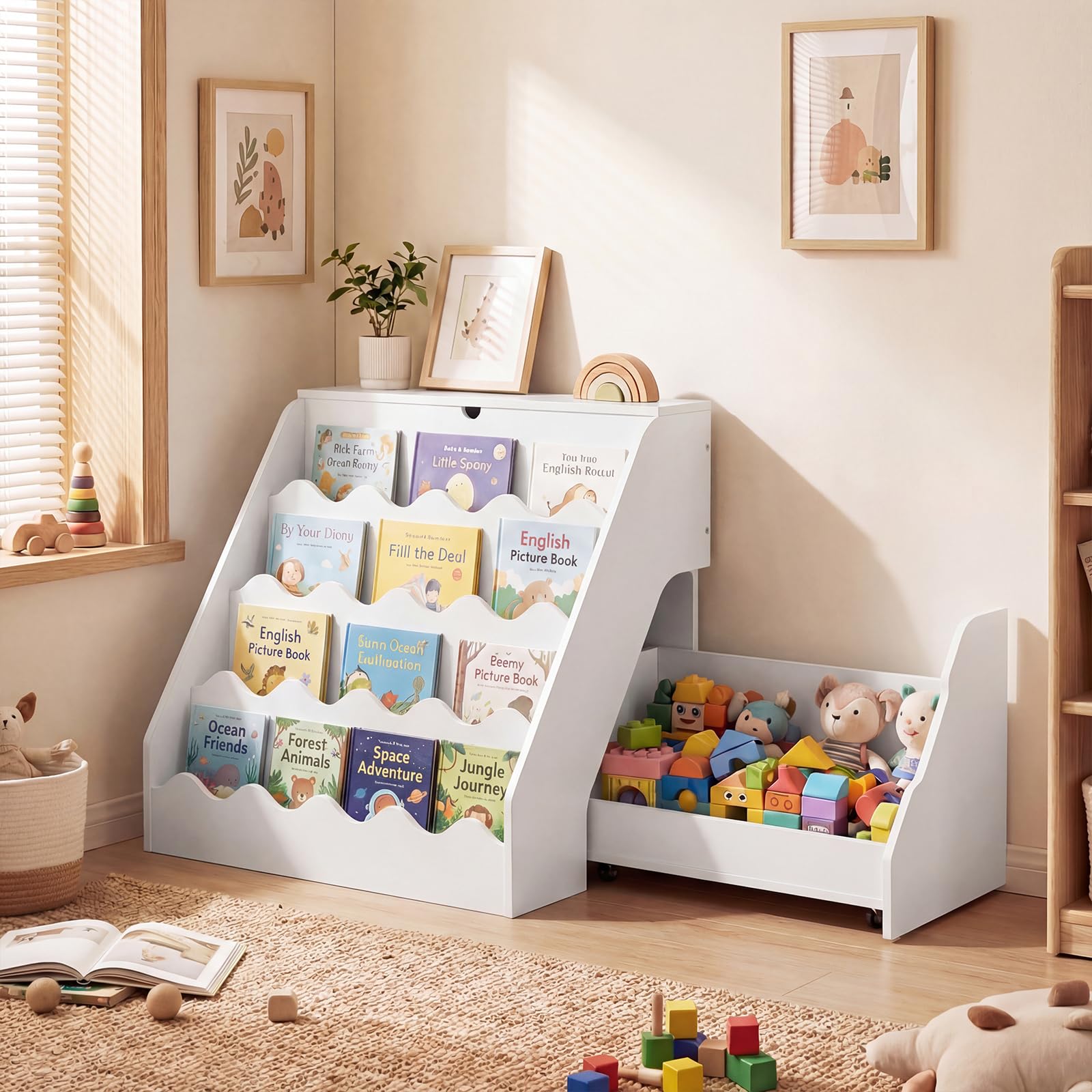 COSTWAY Librería Infantil de 4 Niveles, Organizador de Juguetes con Estantes Abiertos, Cajón Rodante Extraíble, Caja con Tapa Abatible, Estantería Madera para Niños Sala de Juegos Guardería (Blanco)