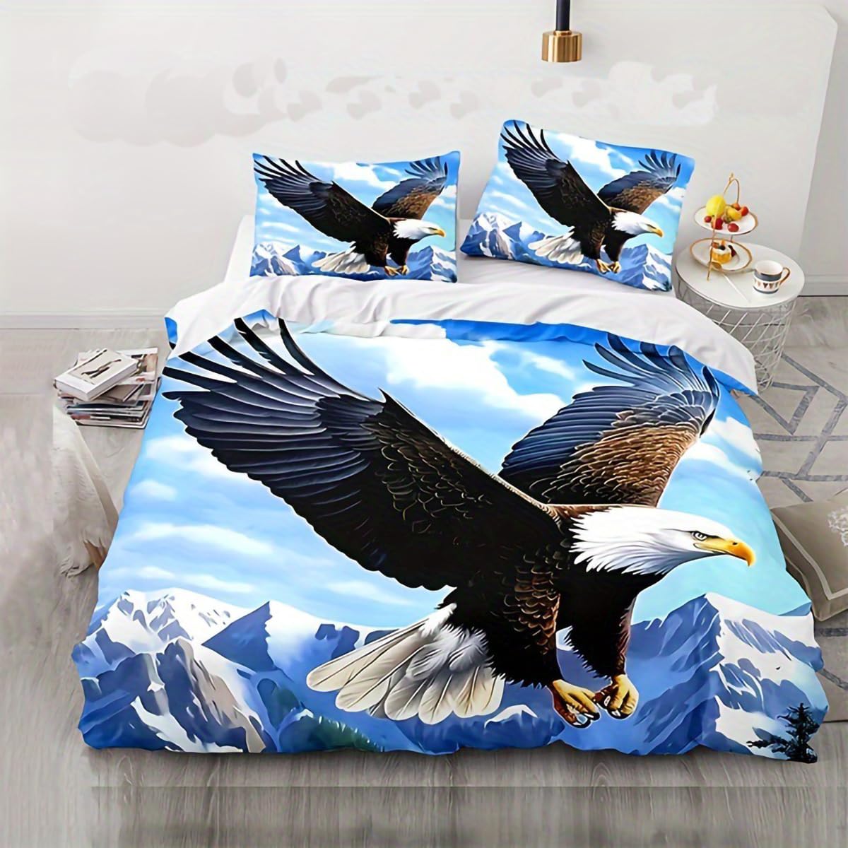 ZZTBQ Eagle Kids Bedding Set Single Size Flying animal Bald eagle Duvet Cover Set Single Size Snow mountain for Kids Bedspread Cover Room Decor 3Pcs, 135 x 200 cm