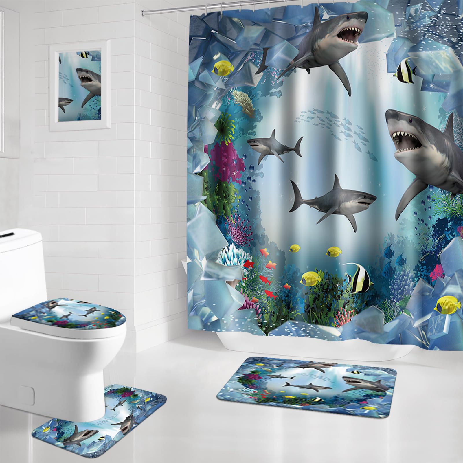 Aprophic Sea Shark Shower Curtain Sets with Rugs, Ocean Underwater Bathroom Rugs Sets 4 Piece, Bathroom Shower Curtain Sets, Memory Foam Shower
