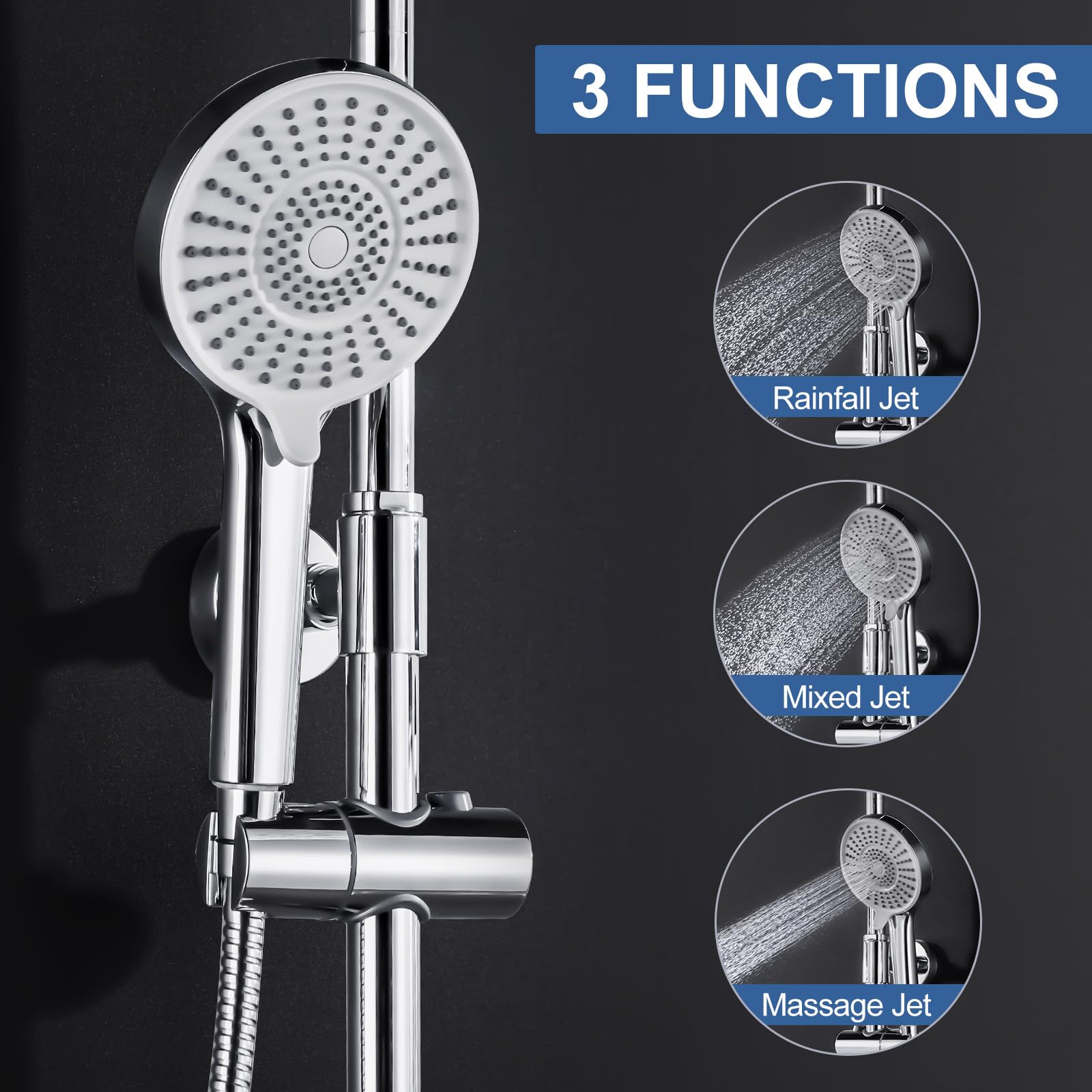 Columna Ducha Termostática, Duchas de Baño Conjunto 300mmx300mm con Rociador, Alcachofa Ducha Lluvia y 3 Tipos Duchas de Baño, Barra de Ducha Altura Adjustable,Cromado