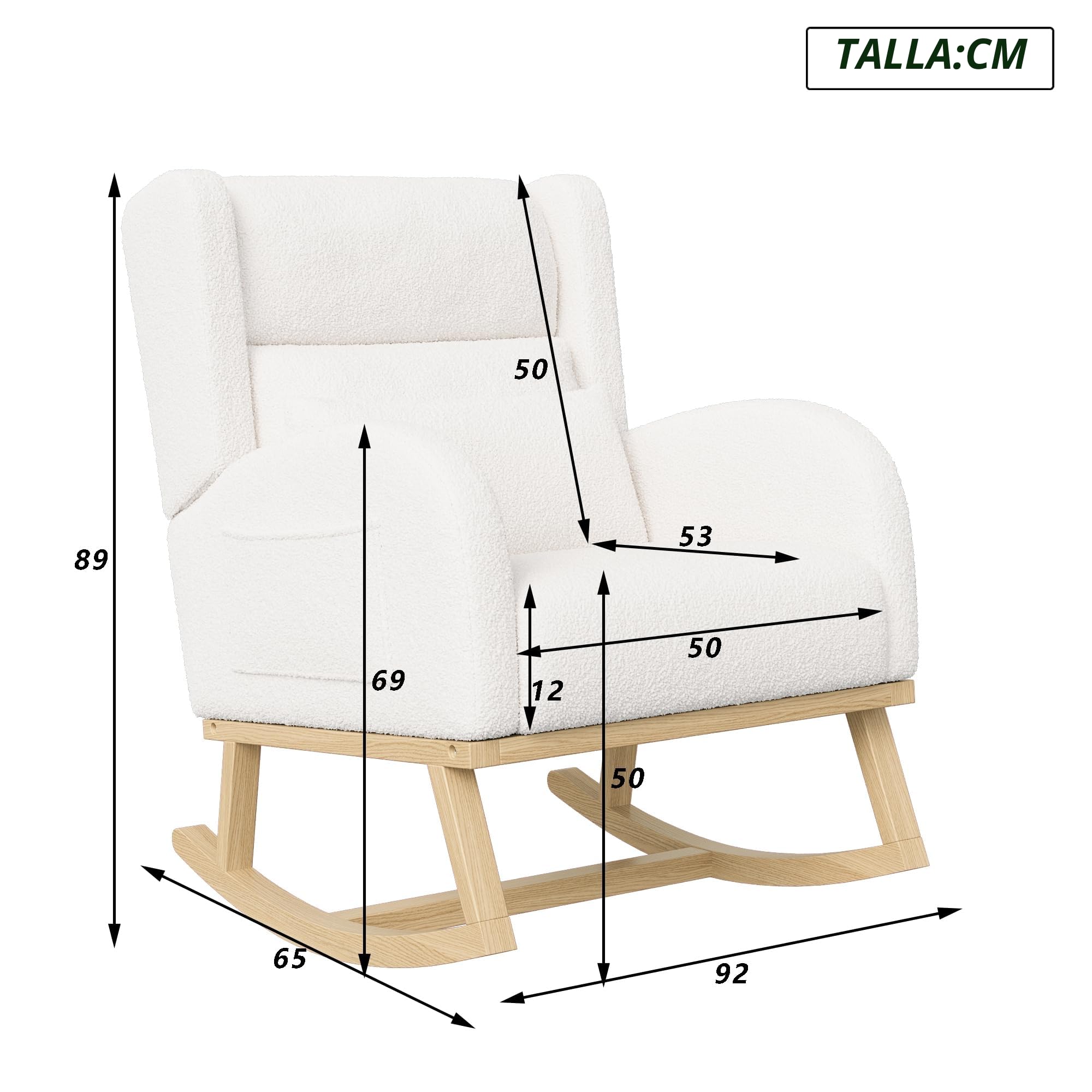 Sillón mecedora de lana de cordero con soporte lumbar, silla acolchada cómoda, bolsillos laterales, sillón de lactancia moderno y lectura (blanco)