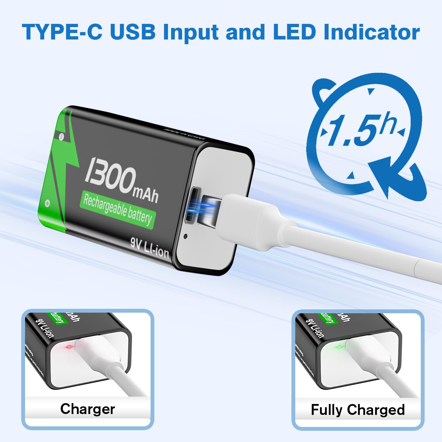 Batería recargable de 9 V, 1300 mAh de iones de litio con cable de carga rápida USB-C, ideal para detectores de humo, alarmas, micrófono, multímetro, etc. (6 unidades)