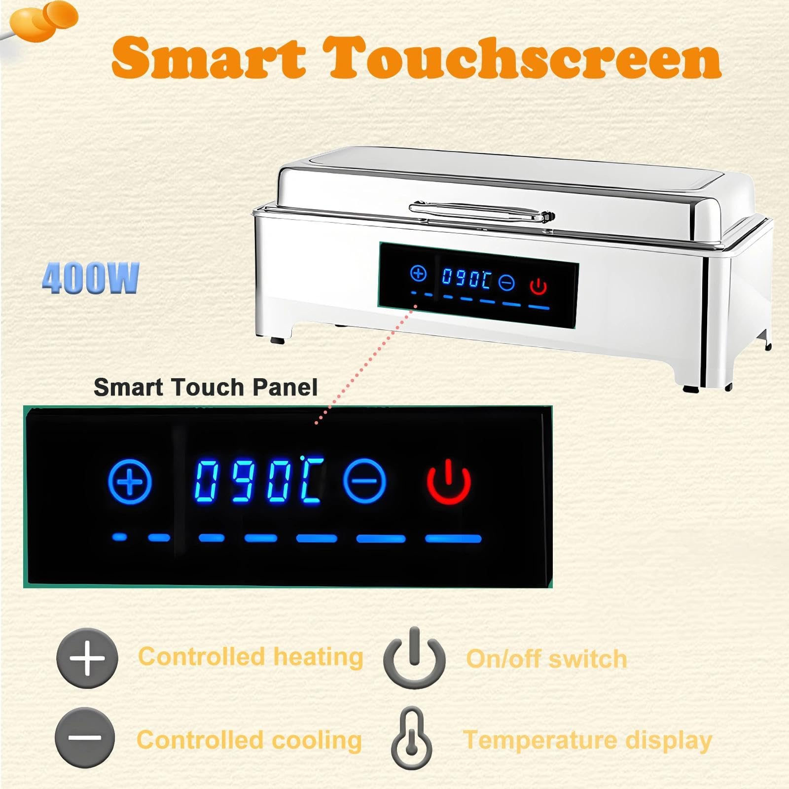 Chafing Dish Eléctrico 9L, Calentador de Buffet Electrico con Toque Inteligente, Acero Inoxidable Calentador de Comida con Tapa Visible para Fiesta, Temperatura Regulable 0-90℃(1/2)