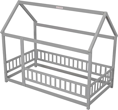 Miniatura 7 de Bellemave Cama Montessori de madera con valla y techo para niños, marco de cama individual para niños, niñas (individual, blanco)