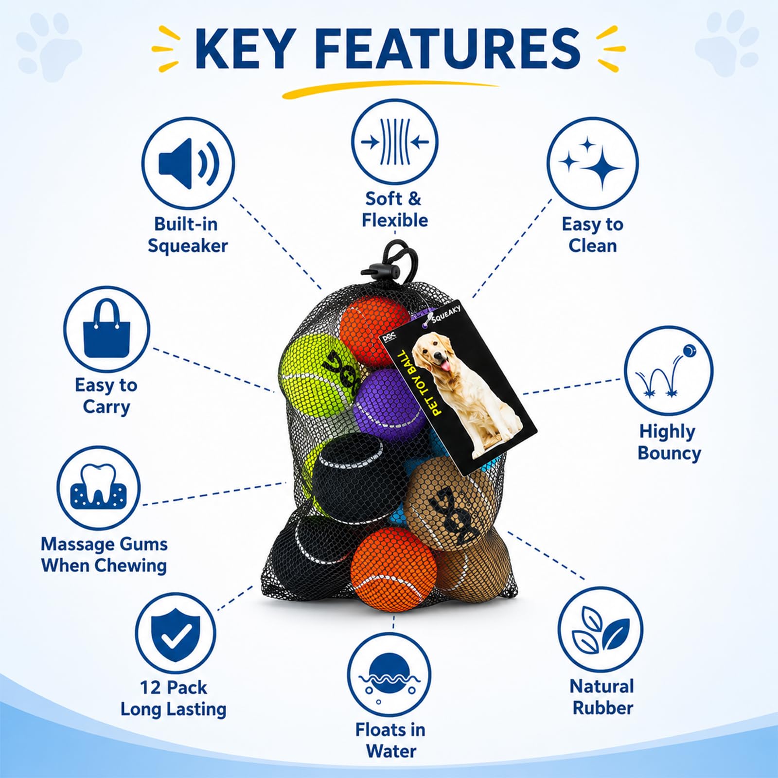 INSUM Quietschende Tennisbälle für Hunde, 6,3 cm, langlebig, ungiftig, Outdoor-Hundespielzeug, Bälle mit Netztasche, SGS-zertifiziert, buntes Apportierspielzeug, mittelgroße und große Rassen, 50 Stück