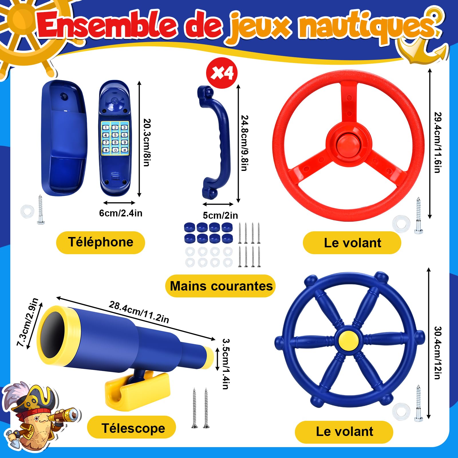 JONRRYIN Accessoires Jeu en Plein air, 8pcs Accessoires Tour de Jeu, Équipement d'aire Jeux pour Enfants, Echafaudage Escalier, Balançoire Extérieur, Télescope, Aire Jeux balançoire téléphone (Bleu)