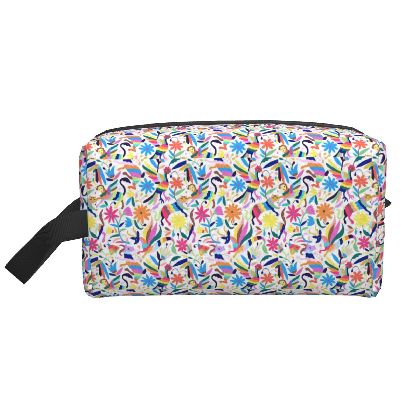 Ercgad Unisex White Mexican Otomi Animals Print Large Capacity Travel Toiletry Bag Cosmetic Pouch Daily Storage Makeup Case