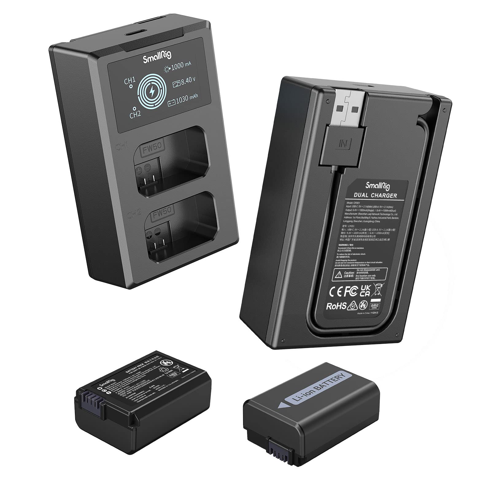 SMALLRIG Batteries de Rechange pour Appareil Photo et Chargeur d'Ecran LCD (Lot de 2), Compatible avec NP-FW50 pour Sony A6000, A6500, A6300, A6400, A7, A7 II, A7R II, A7S II, A7S, A7R - 3818