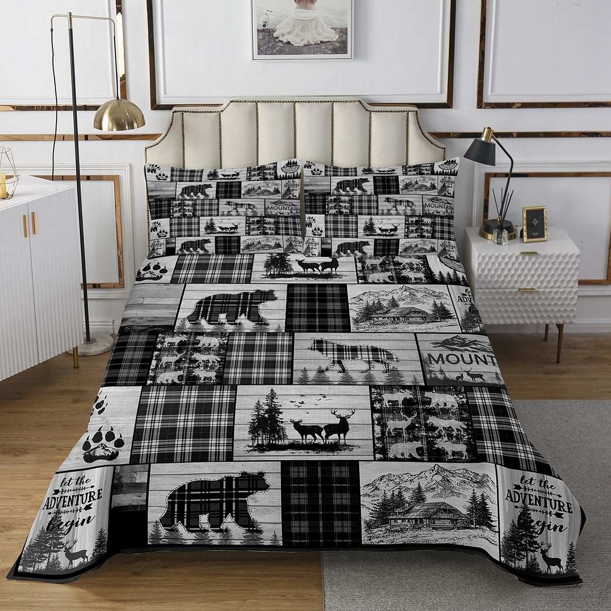 Rustic Camping Patchwork Bedspread Set Queen Woodland Plaid Wolf Bear Deer Quilt Sets Farmhouse Cabin Wildlife Coverlet Set For Kids Adults Wild Animal Lodge Bedding Set 2 Pillow Cases Black Grey